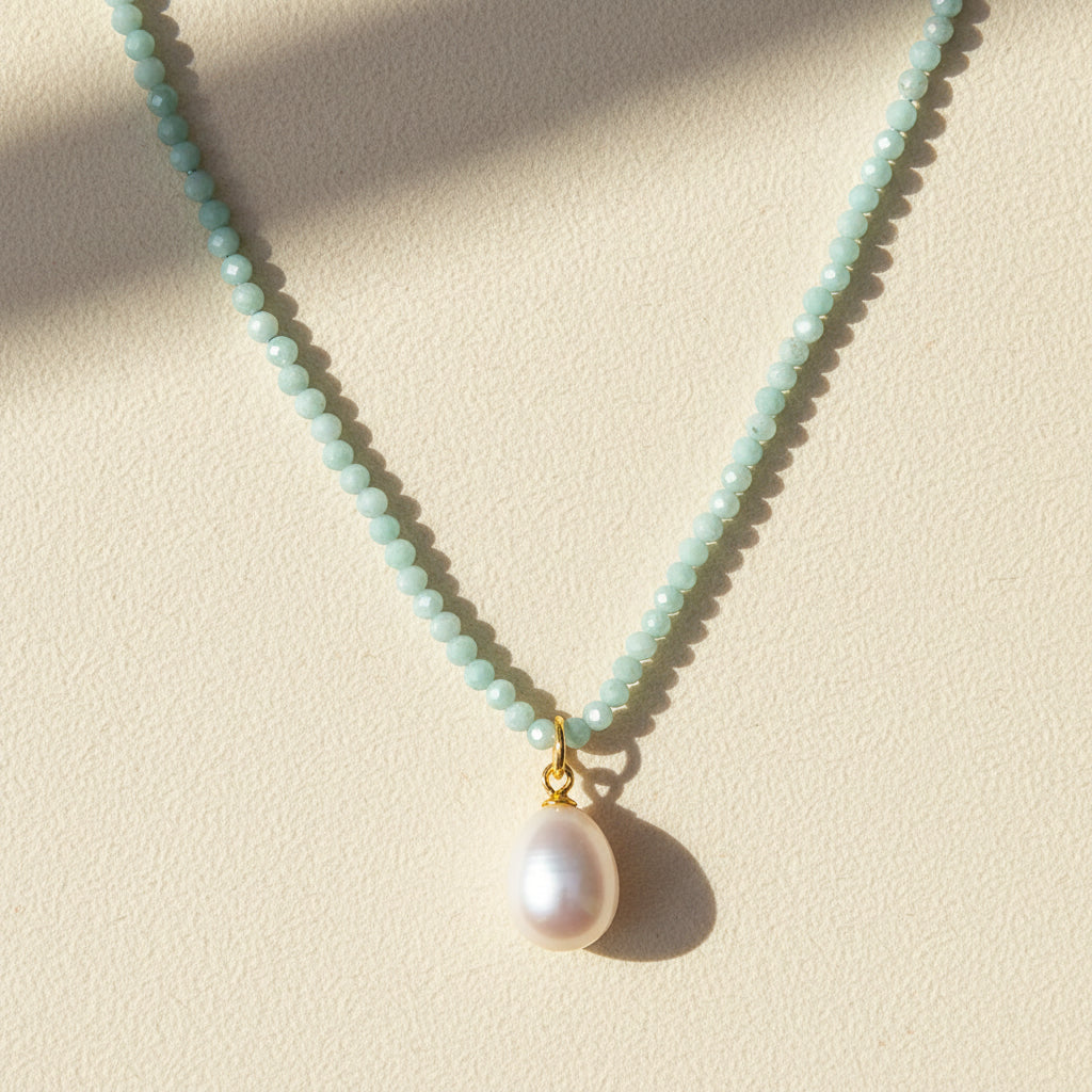 Larimar pearl choker necklace with light blue bead chain and white pearl pendant