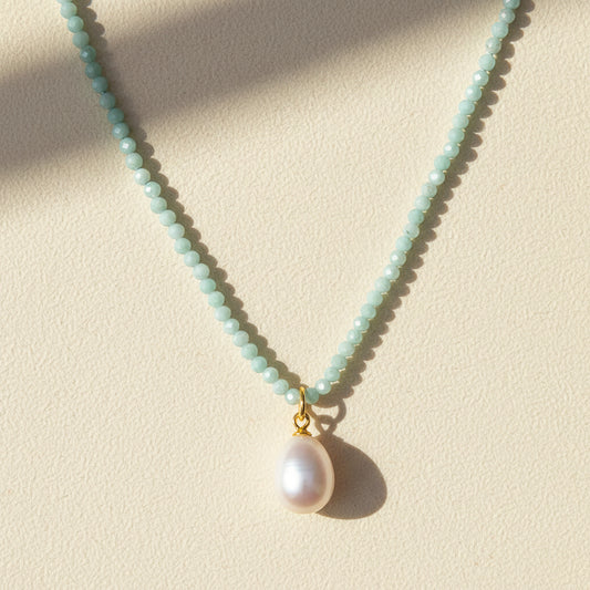 Larimar pearl choker necklace with light blue bead chain and white pearl pendant