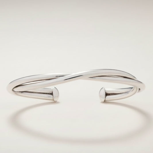 Silver twisted tube hammered cuff bracelet with open ends