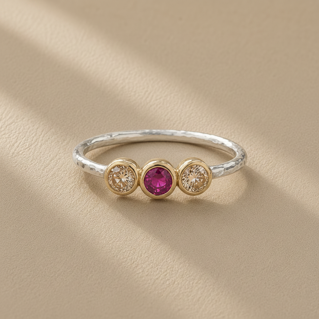 Silver ring with three gemstones on a beige background
