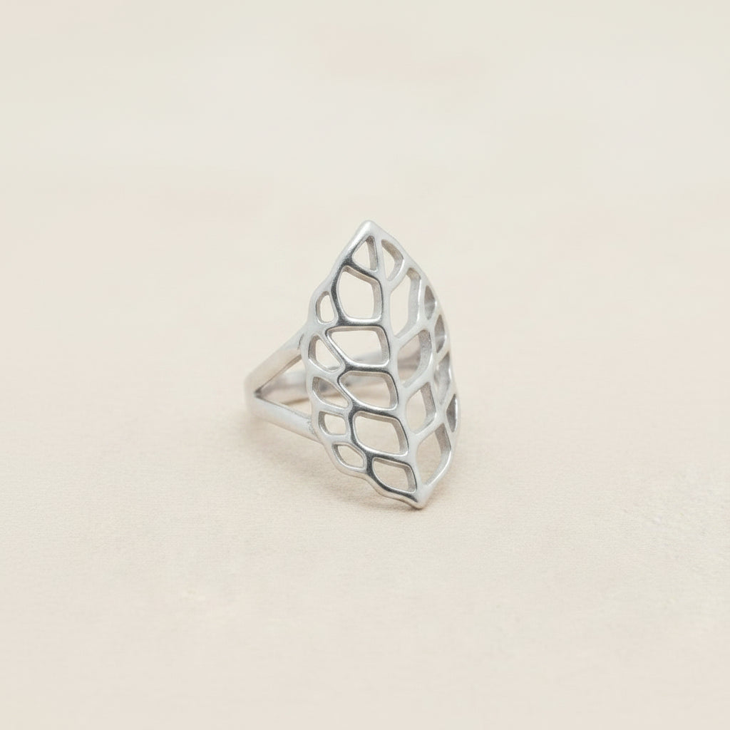 Silver leaf openwork ring with geometric cutouts, wide band