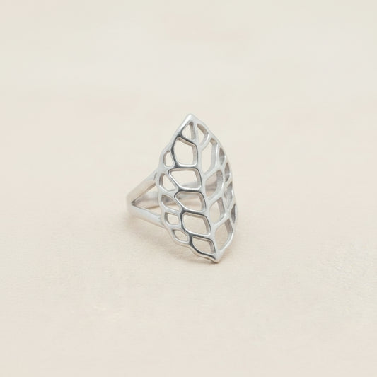 Silver leaf openwork ring with geometric cutouts, wide band
