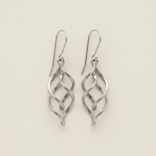 Silver-tone ribbon dangle earrings with open spiral scroll design and fishhook backs
