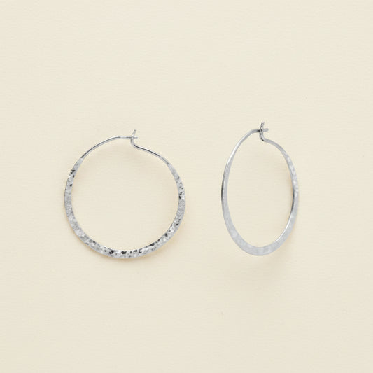 Hammered wire hoop earrings in silver tone, circular textured hoops