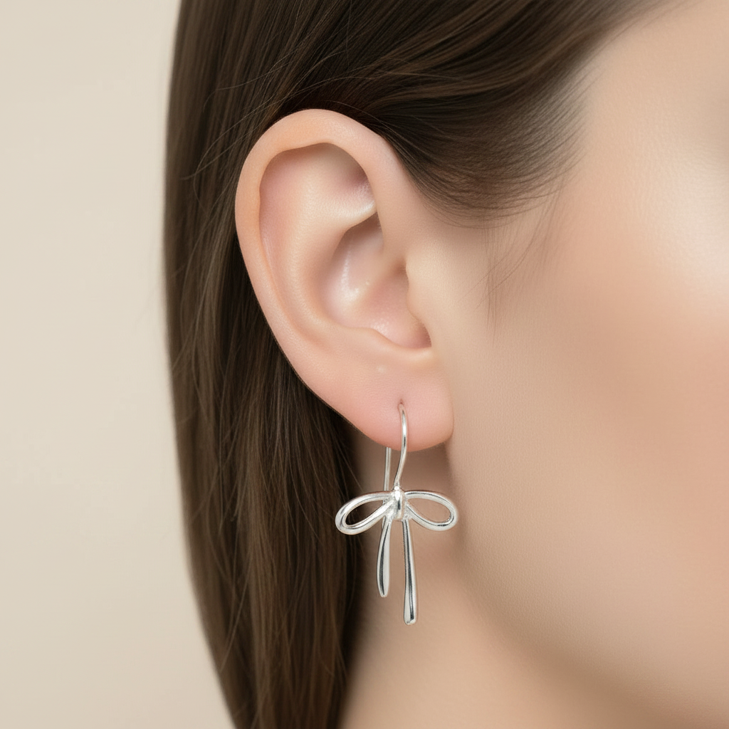 Silver ribbon drop earrings shown on ear; bow with two hanging strands