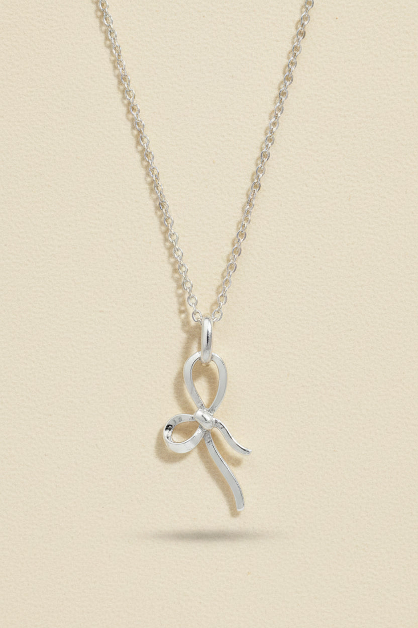 Silver bow tie ribbon necklace with chain and small bow pendant