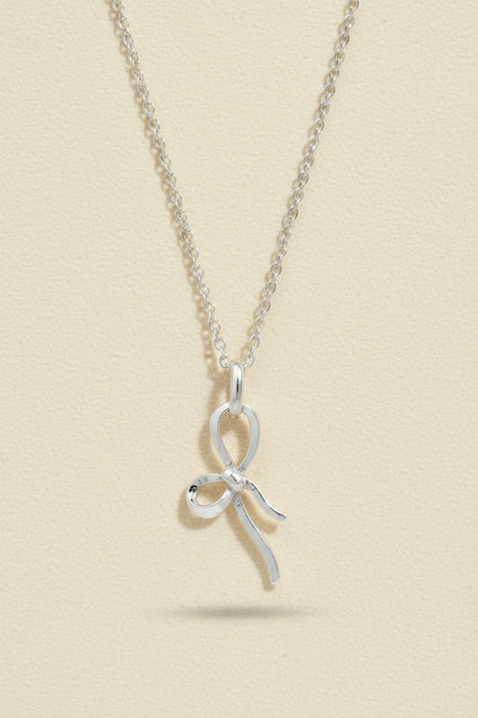 Silver bow tie ribbon necklace with chain and small bow pendant