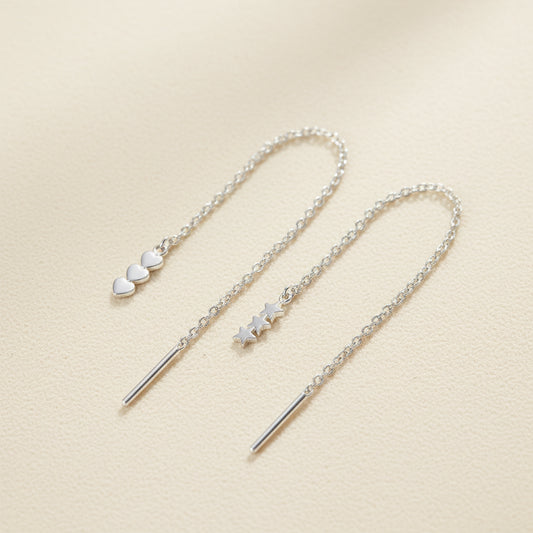 Sterling silver threader earrings with triple hearts and star charm drops