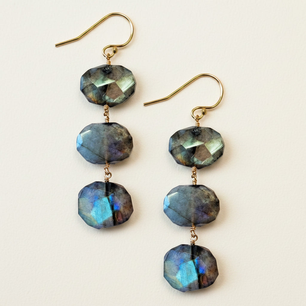 Gold-tone hook earrings with three stacked faceted labradorite discs, blue-green flash