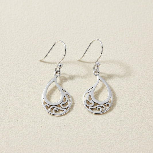 Silver teardrop filigree dangle earrings with looped hooks and small bead