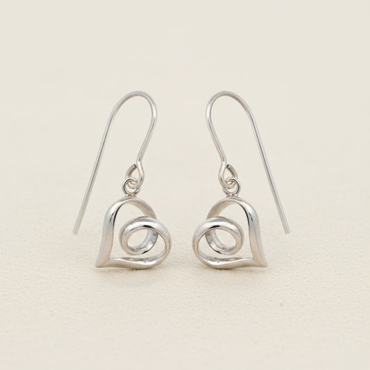 Silver heart dangle earrings with infinity-style loop detail