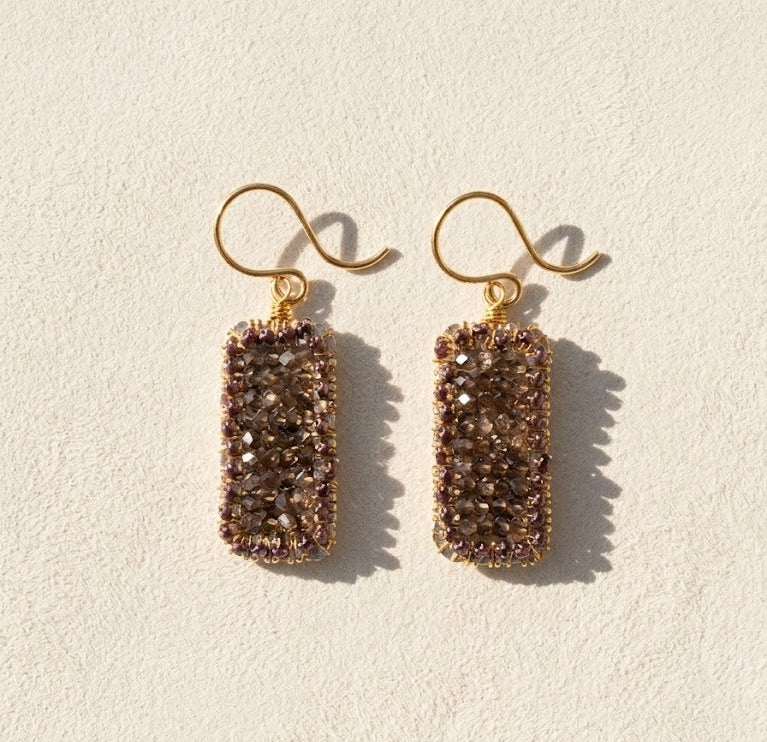 Beaded drop earrings with dark rose-brown beadwork and gold-tone hooks