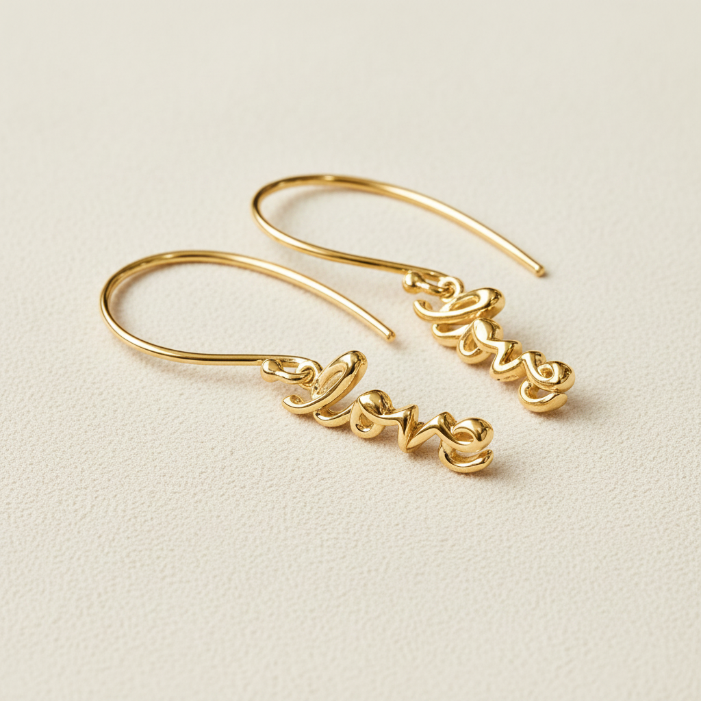 Gold script dangle earrings with hoop hooks and love charm
