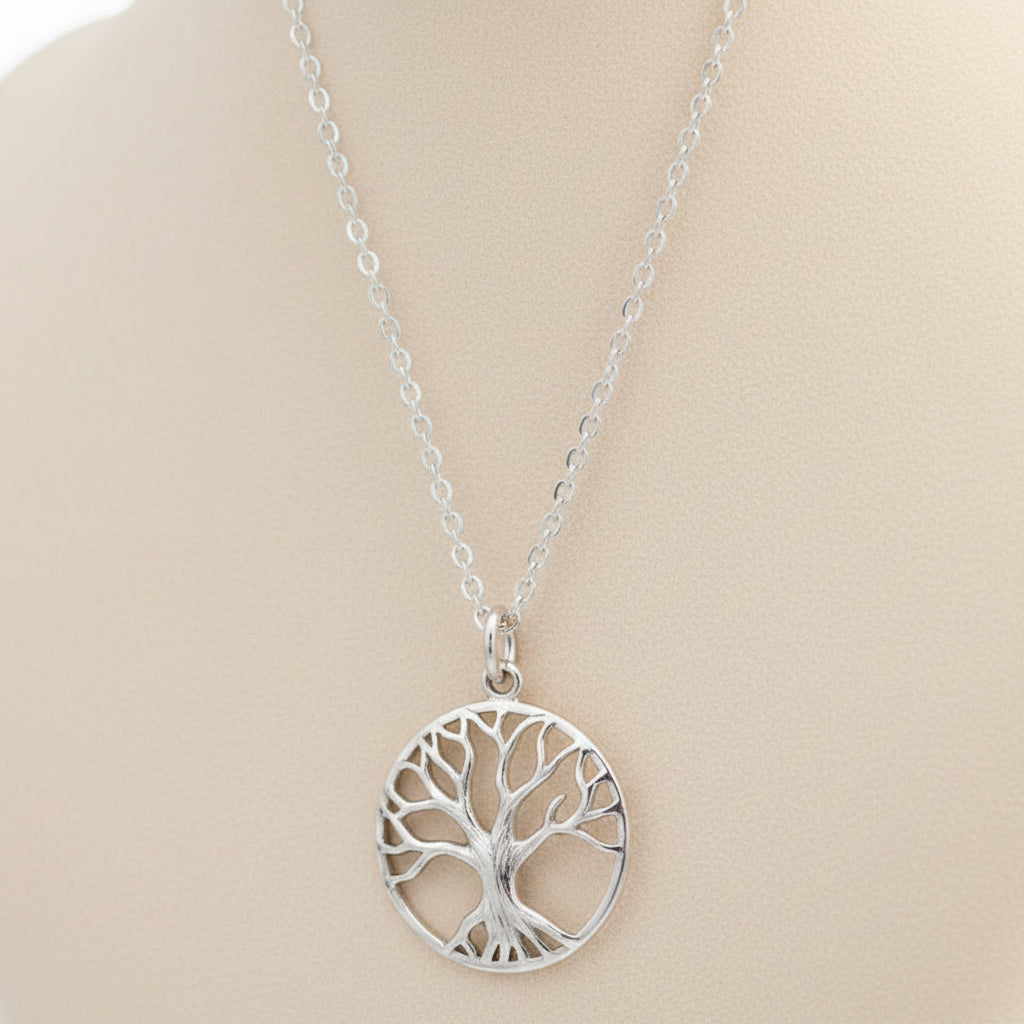 Silver tree of life necklace with round tree pendant on link chain