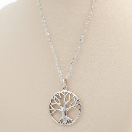 Silver tree of life necklace with round tree pendant on link chain