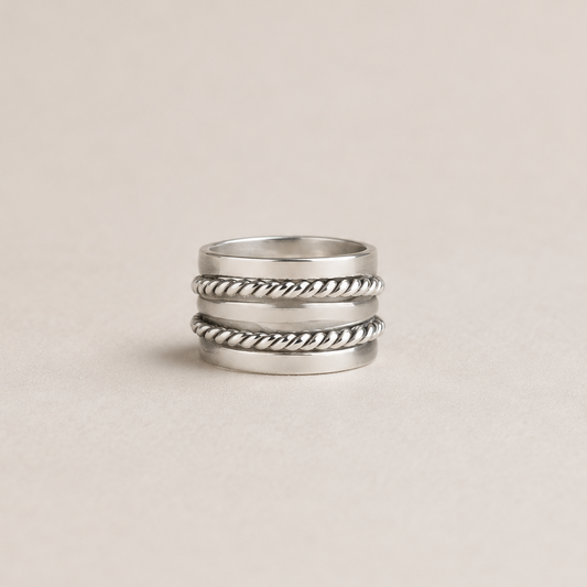 Silver-tone rope band stack ring with five twisted bands