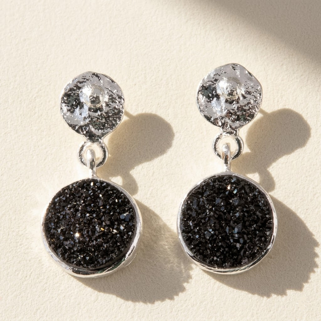 Silver-tone hammered round druzy top with black druzy circle drop post earrings