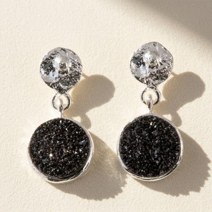 Silver-tone hammered round druzy top with black druzy circle drop post earrings