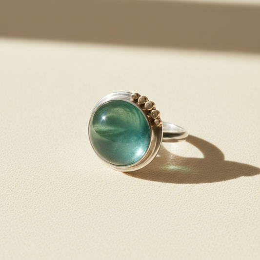 Silver ring with large round green cabochon, side view with gold-tone stud setting