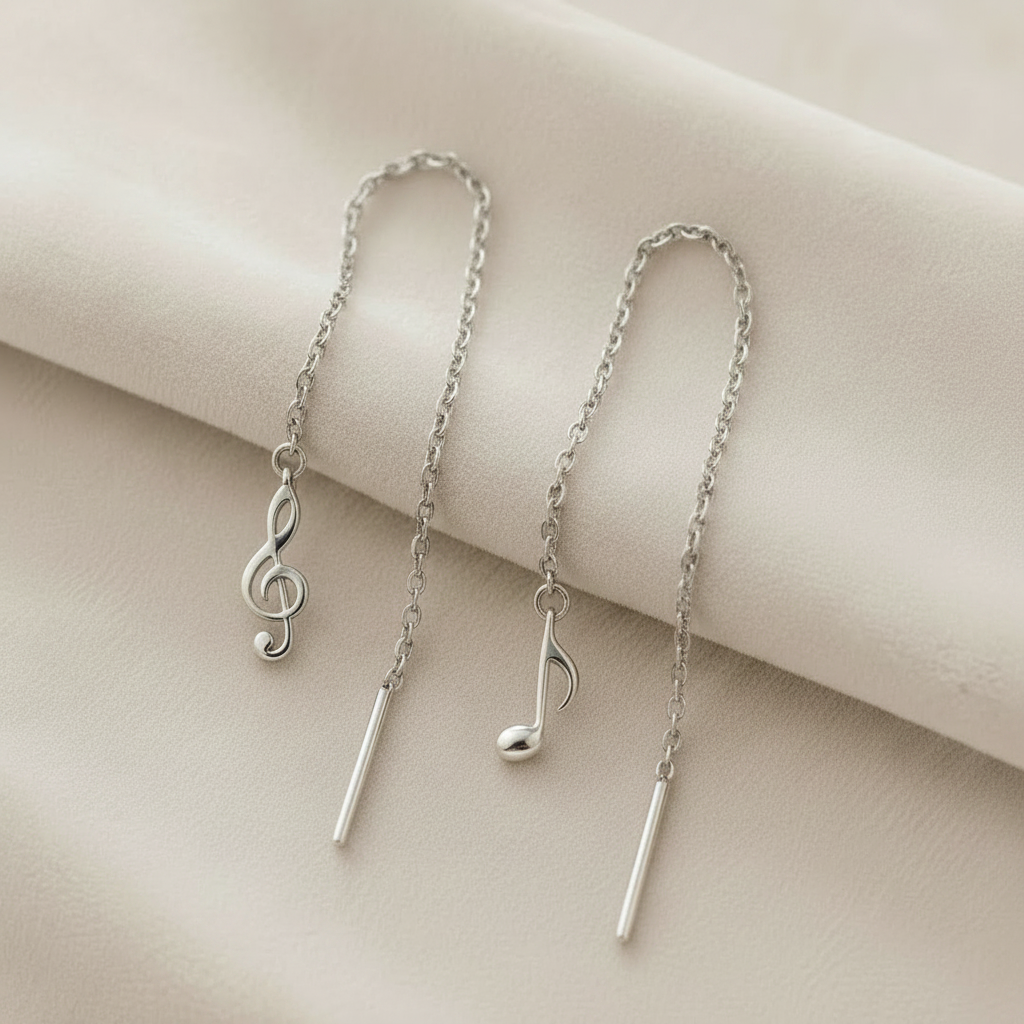 Silver threader earrings with musical符号 on a beige fabric background