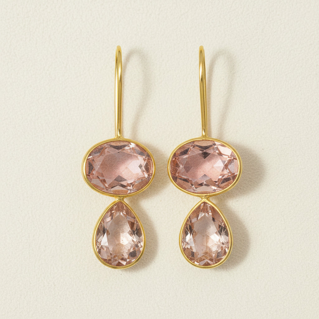 Gold teardrop earrings with blush and champagne faceted stones