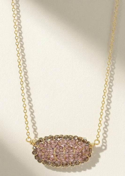 Gold chain necklace with oval pink pavé pendant