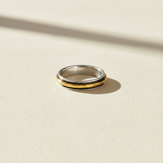 Two-tone hammered spinner band ring in silver and gold, smooth central band
