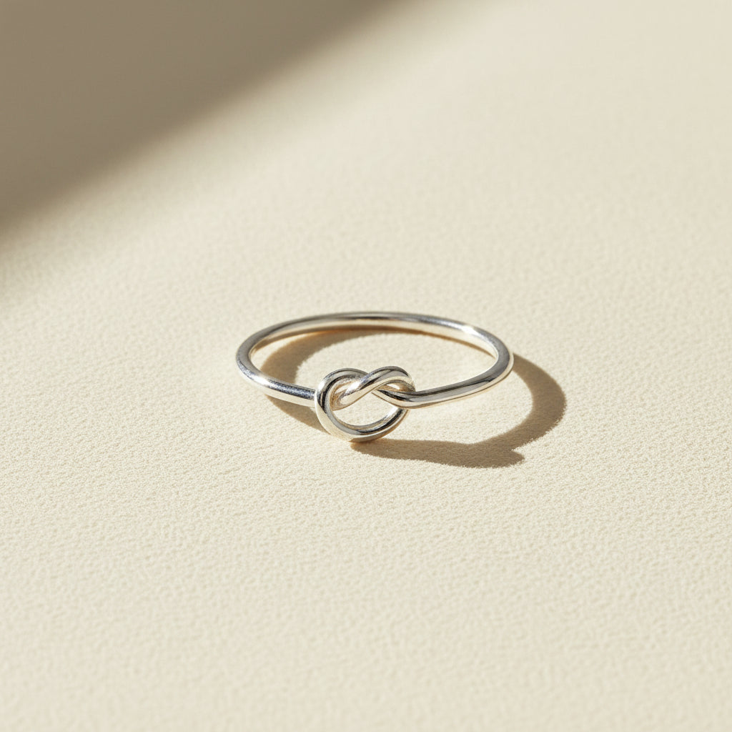 Silver love knot ring with small twisted knot detail on slim band