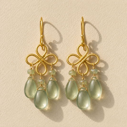 Gold-tone clover dangle earrings with green teardrop and amethyst-like bead accents
