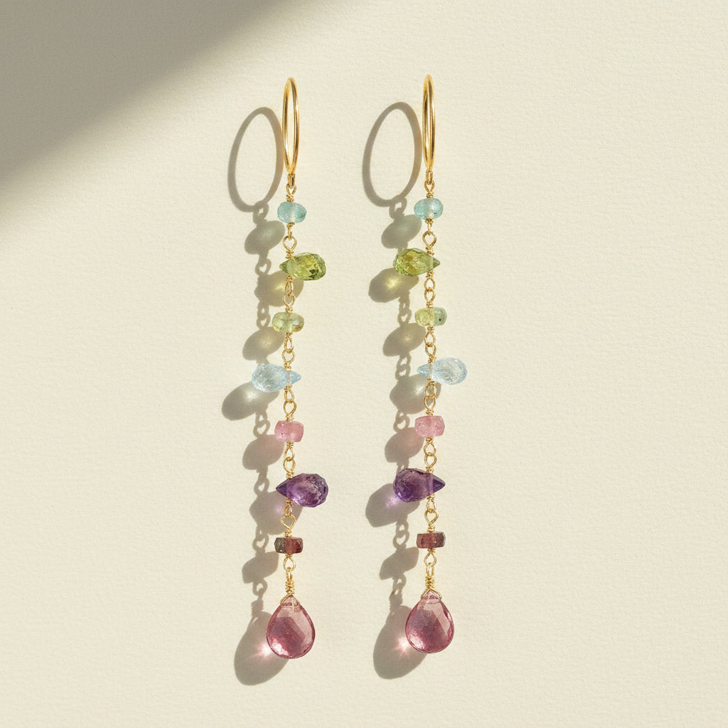 Gold-tone wildflower dangle earrings with multi-color bead and teardrop charms