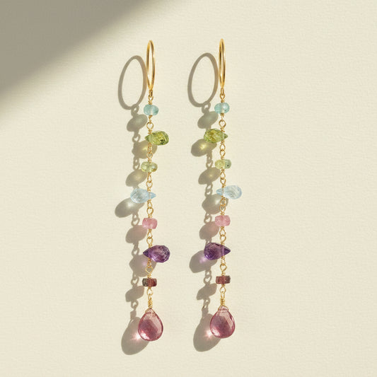 Gold-tone wildflower dangle earrings with multi-color bead and teardrop charms