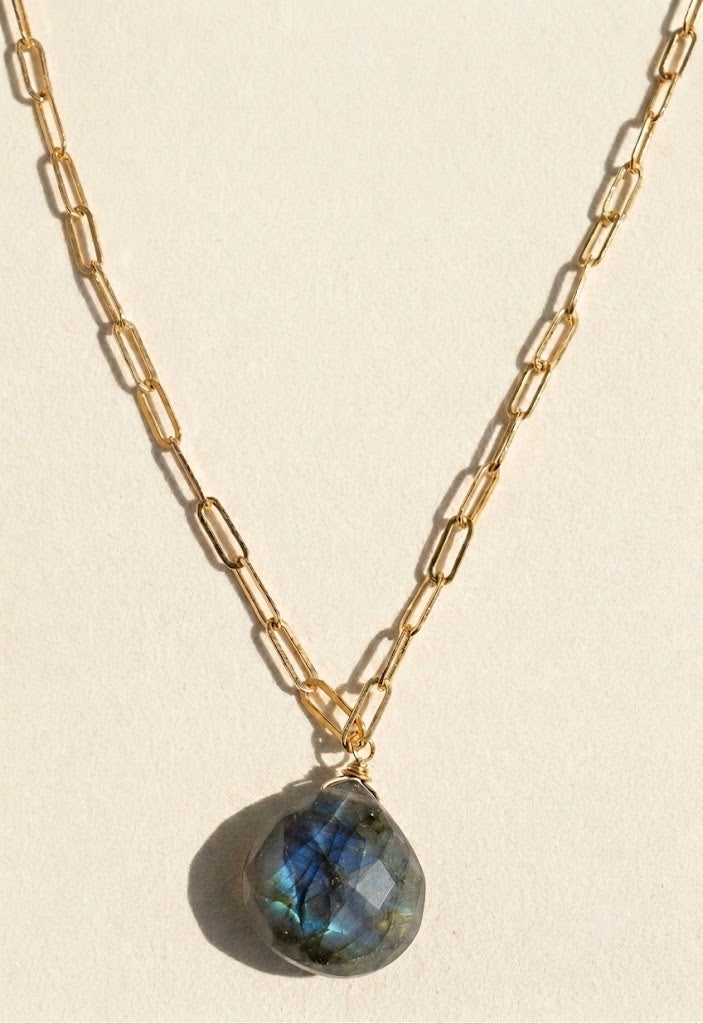 Dainty gold paperclip chain necklace with labradorite stone drop