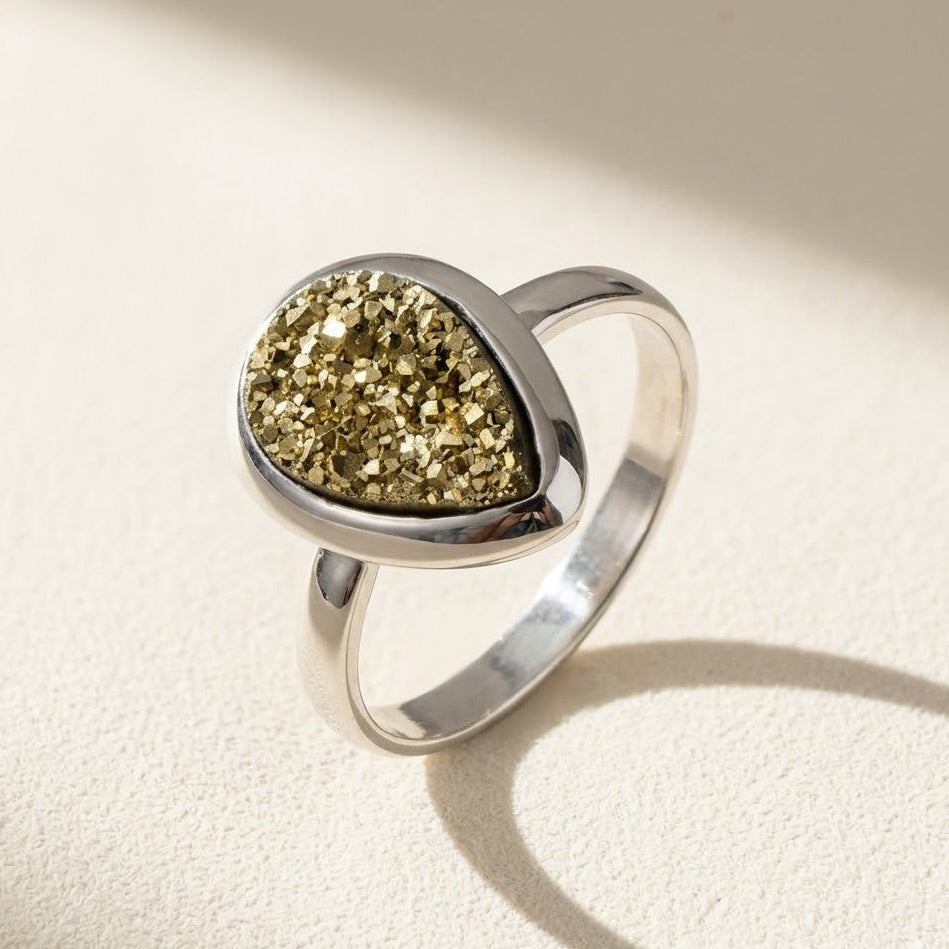 Teardrop druzy ring with gold glitter stone and silver band