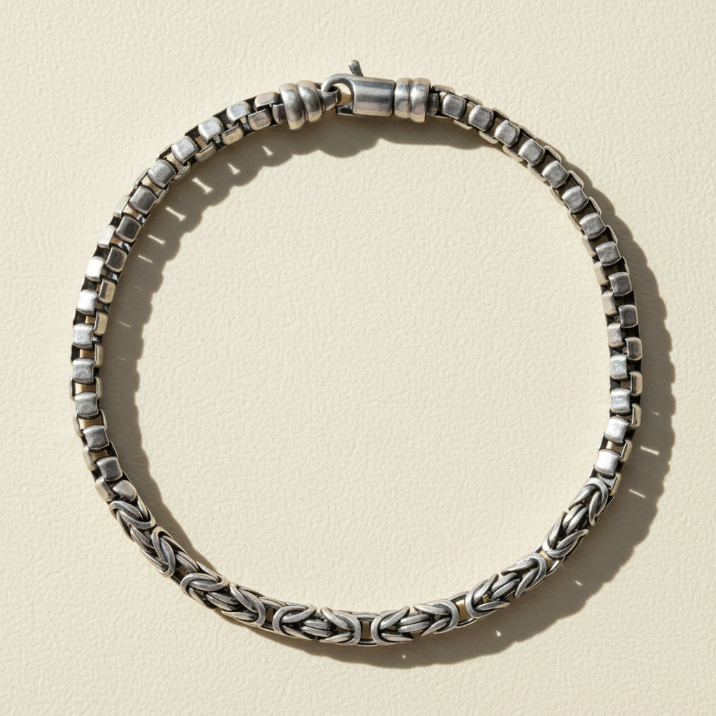 Silver-tone box and byzantine chain bracelet with interlocking rectangular and twisted links