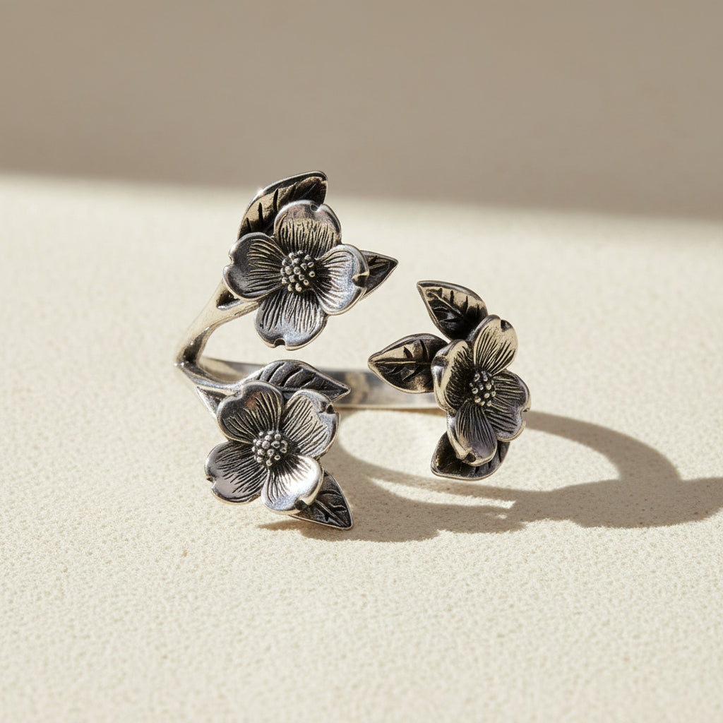 Silver flower ring with three dogwood blossoms and leaves, openwork band