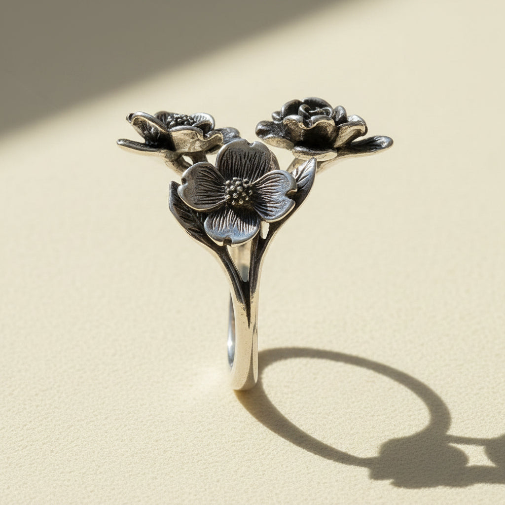 Silver dogwood flower ring with three blossoms on curved band, side view