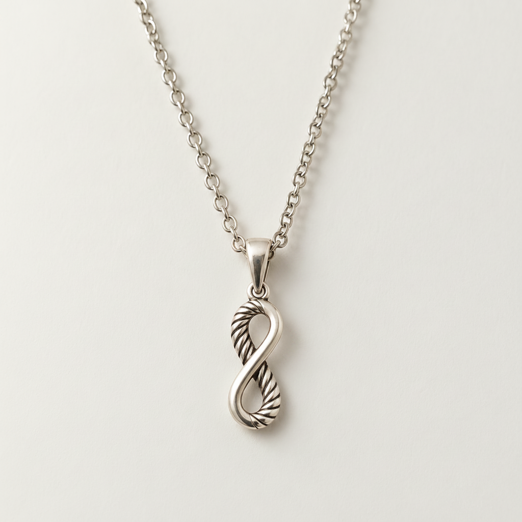 Silver infinity heart pendant necklace with textured twist, cable chain
