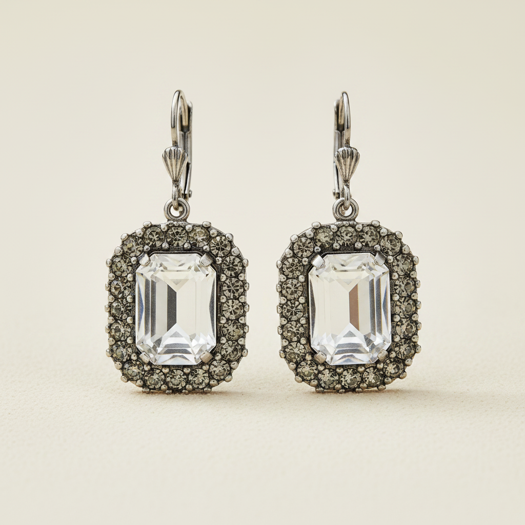Square clear-stone drop earrings with ornate filigree halo and lever backs