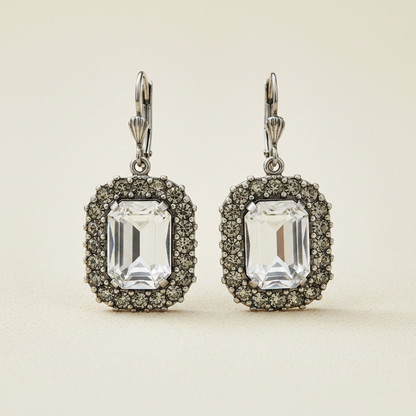 Square clear-stone drop earrings with ornate filigree halo and lever backs