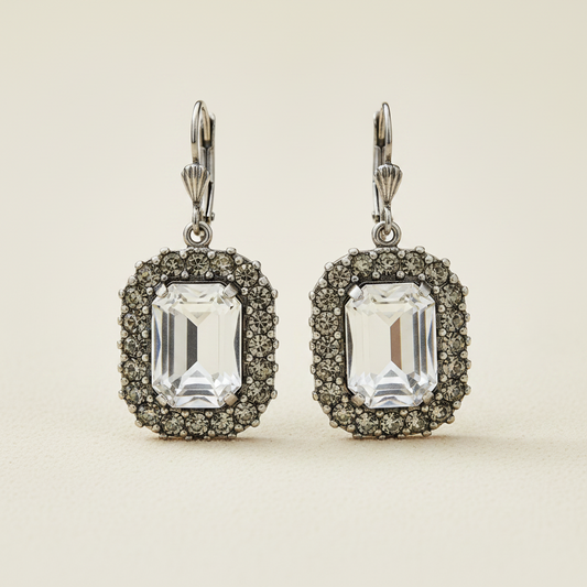 Square clear-stone drop earrings with ornate filigree halo and lever backs