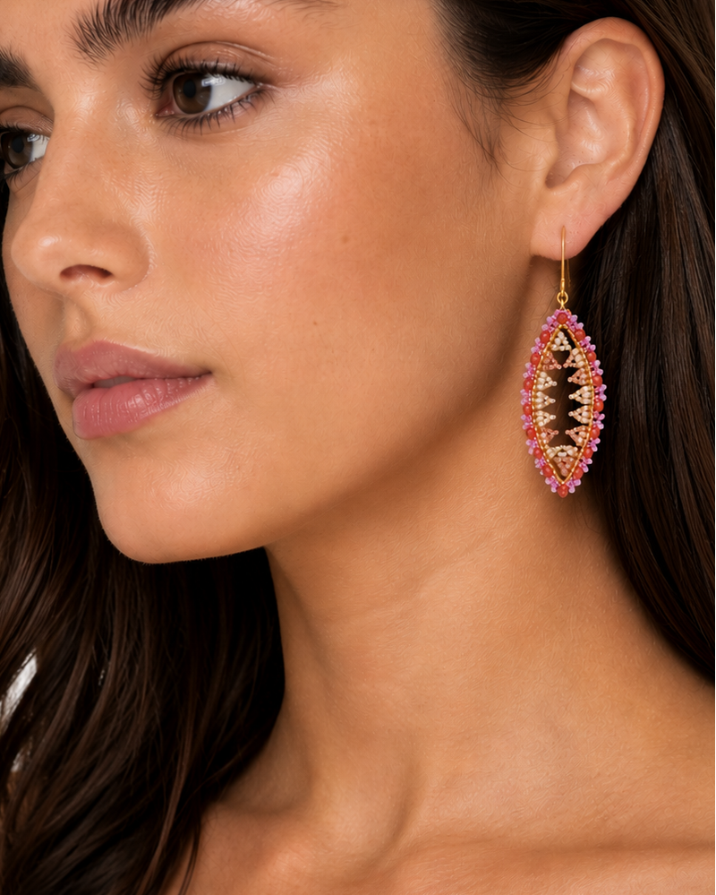 Pink beaded marquise drop earrings with openwork design and gold hooks
