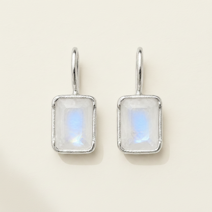 Rectangle moonstone drop earrings in silver-tone, with iridescent square moonstone centers