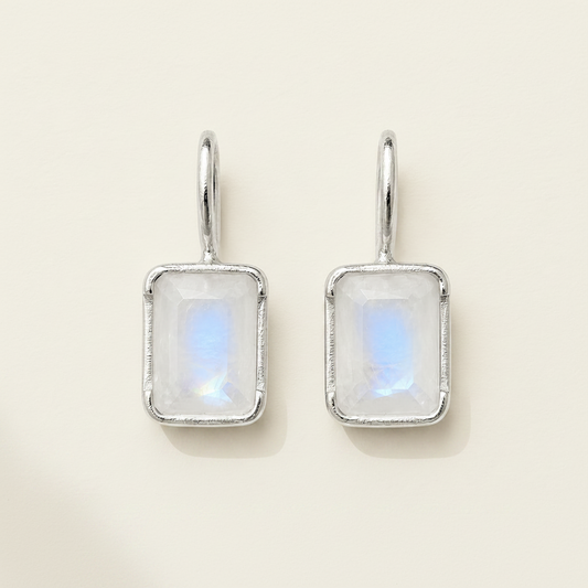 Rectangle moonstone drop earrings in silver-tone, with iridescent square moonstone centers