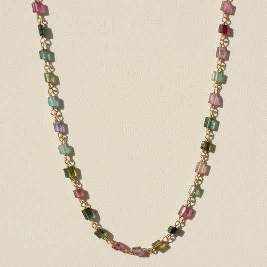 Multicolor chicklet-style necklace with faceted square beads