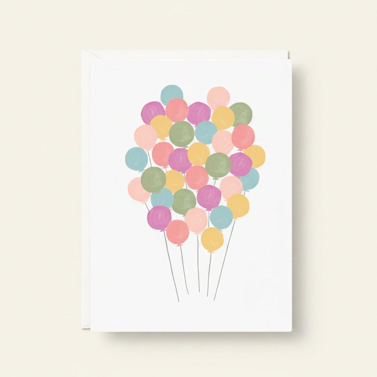 Balloons mini greeting card with pastel balloon cluster and thin string stems