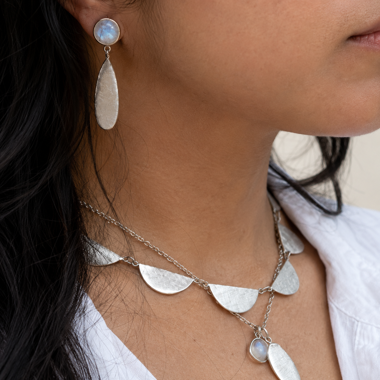 Silver chain necklace with half-moon scalloped disc charms
