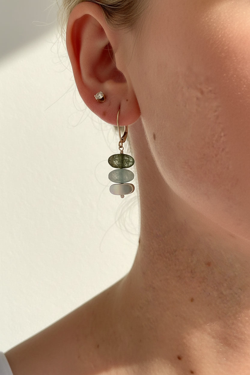 Oval gemstone drop earrings with gold-tone posts and stacked oval teal charms