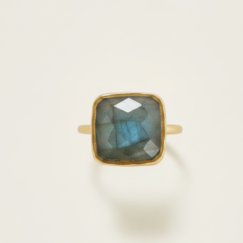 Gold vermeil ring with faceted square labradorite gemstone in thick bezel band