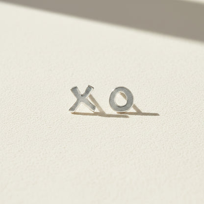 XO stud earrings with X and O metal letters, silver-tone finish