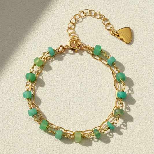 Gold paperclip bracelet with green gemstone beads and clasp